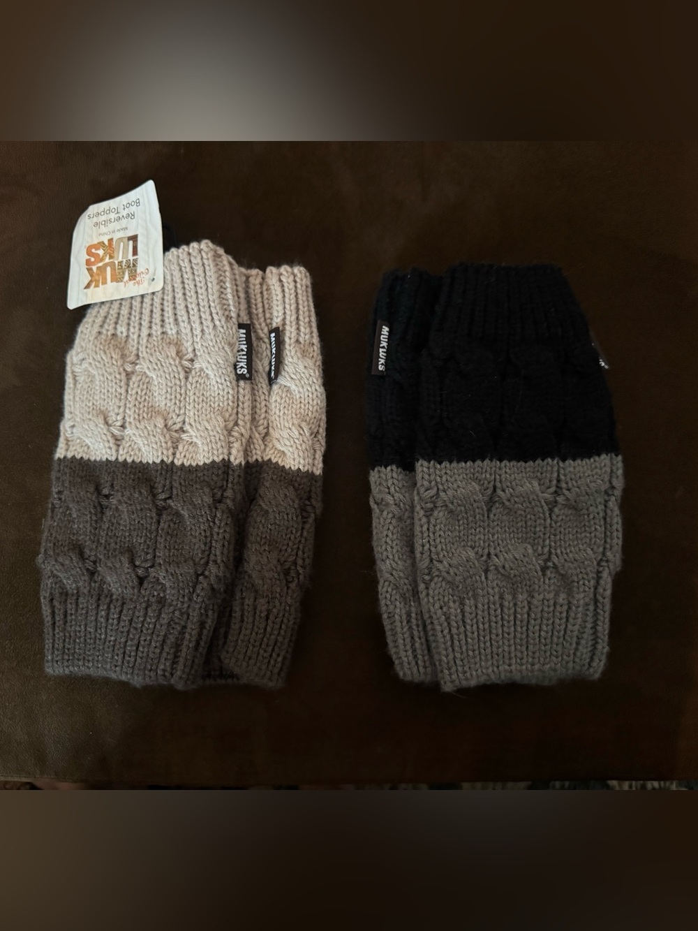 Muk Luks 2-Pack Reversible Boot Toppers - NWT & EUC (Tan/Brown & Black/Gray)